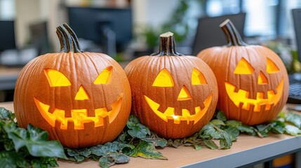 Obraz premium Three intricately carved Halloween pumpkins with glowing faces, placed side by side on a wooden table among green leaves, set in a bright office environment