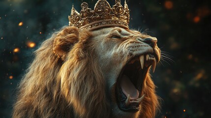 A roaring lion with a golden crown on its head. The lion is set against a dark background with a bokeh effect.