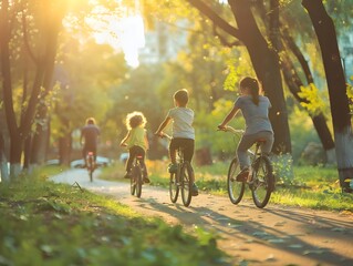 Family Cycling Together in City Park Promoting Eco Friendly Lifestyle and Outdoor Activities