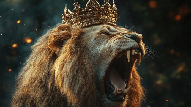 A roaring lion with a golden crown on its head. The lion is set against a dark background with a bokeh effect.
