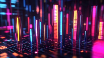 A close-up of a futuristic 3D bar graph with glowing neon bars, rising upward in a dynamic digital environment, symbolizing financial success and innovation.