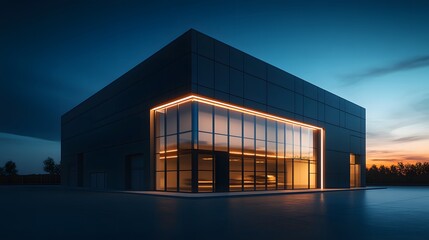 Modern Black Building with Illuminated Glass Facade at Dusk