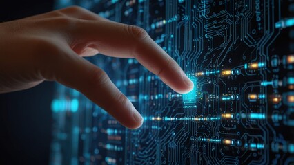 A hand touches a glowing circuit