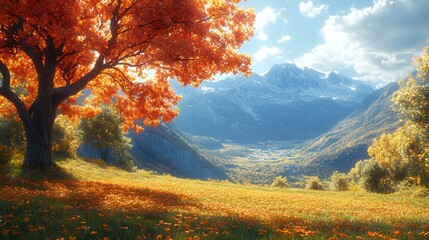 A lone tree with fiery red leaves stands proudly in a field of wildflowers, overlooking a picturesque mountain valley bathed in warm sunlight.