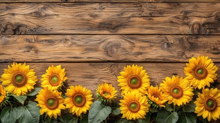 Sunflowers Lined up on Wooden Planks