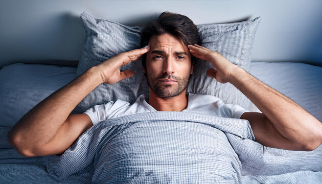 uomo a letto con influenza mal di testa influenzato 