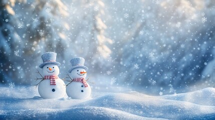 Three snowmen in a winter landscape with soft snowflakes falling
