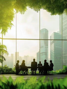Business team discussing work in modern green office during meeting
