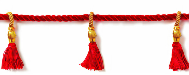 Obraz premium A red velvet rope with golden tassels on a white background.