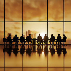 Business people in silhouette having an executive meeting with downtown city skyline as background.