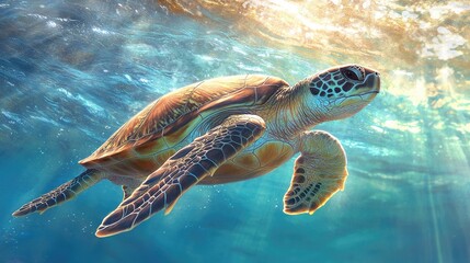 Obraz premium A close-up of a sea turtle gliding gracefully through crystal-clear ocean waters, with sunlight filtering through the surface and highlighting its vibrant shell.