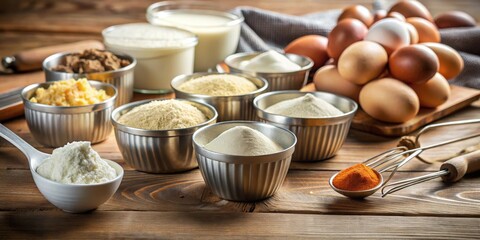 Assorted baking ingredients in measuring cups on wooden table