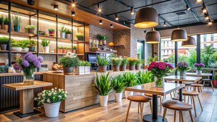 Fototapeta premium Floral interior design in a modern cafe with plants in decorative pots