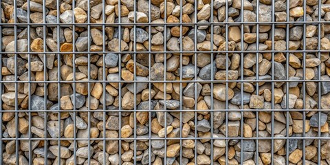 Gabion made of pebbles and metal grid for landscaping and construction projects