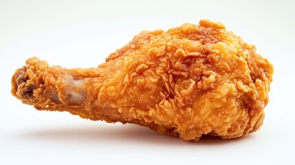 A close-up of a single piece of fried chicken with a perfectly crisp coating, set against a clean, white background to highlight its juicy and tender interior.