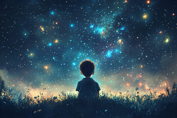 Naklejka premium A child gazes at a starry night sky, evoking wonder and imagination.
