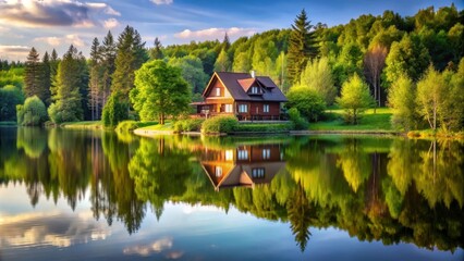 Obraz premium Serene landscape featuring a house nestled by a calm lake surrounded by nature