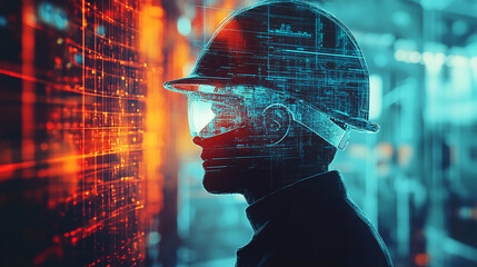 Double exposure Engineer hardhat integrates cloud-based platforms for global coordination of supply chain activities.