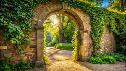 Stone arch entrance gate with ivy archway leading to park, bathed in sunlight