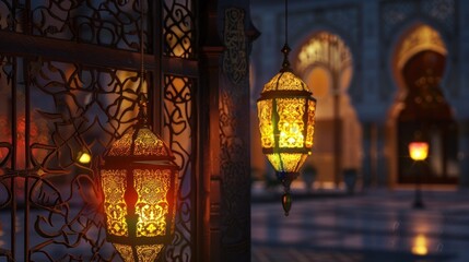 Ornate Lanterns Glow at Dusk in Moroccan Architecture