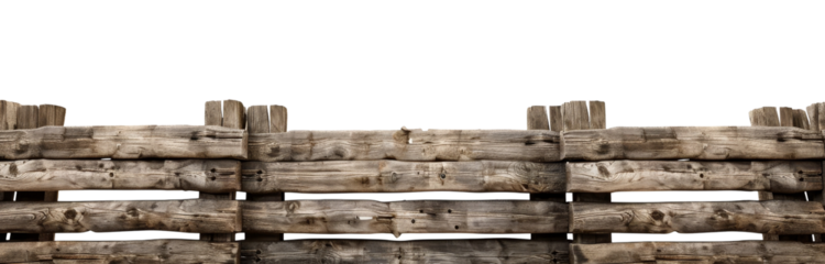 Wooden barricade with horizontal logs, isolated on transparent background.