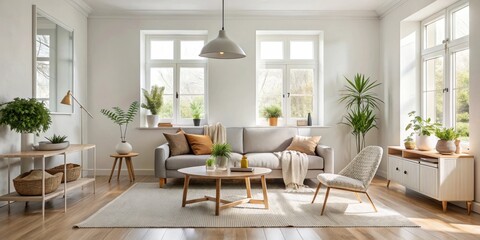 Scandinavian interior bright and minimalistic home decor with simple furniture, neutral colors, natural light, and cozy textiles