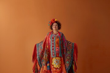 Obraz premium A confident plus-size fashion model poses in vibrant traditional attire against a warm orange backdrop during a contemporary photo shoot