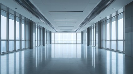 Empty Modern Office Hallway with Floor-to-Ceiling Windows