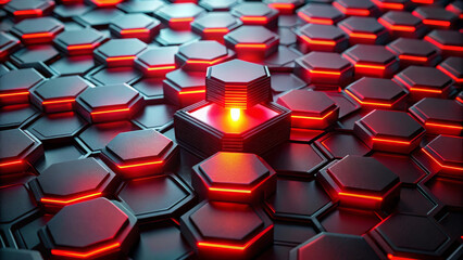 Fototapeta premium A striking red light illuminates hexagonal pattern against dark background, creating captivating abstract design. interplay of light and shadow evokes sense of depth and modernity