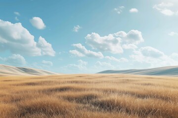 A serene landscape showcasing golden grasslands under a clear blue sky with fluffy clouds in the background during daylight