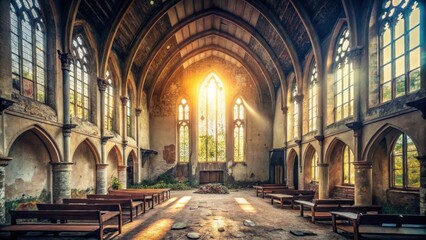 Obraz premium Interior of abandoned church with soft sunlight filtering in, creating a tranquil and eerie atmosphere