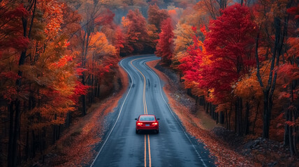 A single car on the highway driving through autumnal forest. View from the top showing colorful trees and magical forests around the car