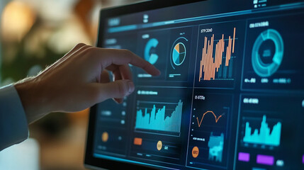 Hand touch visual screen to monitor sales pipelines in CRM dashboard.