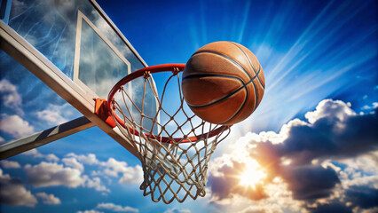 A basketball is flying into hoop against vibrant sky, capturing excitement of game. sun shines brightly, enhancing dynamic scene