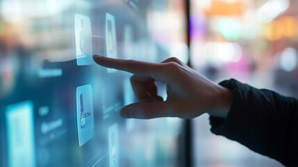 Hand touch visual screen to optimize employee onboarding process through HR software.
