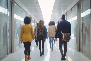 People Walking in a Modern Hallway