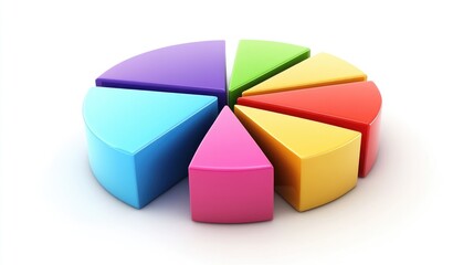 Obraz premium A colorful 3D pie chart with multiple segments, each section raised slightly to emphasize data distribution, set against a clean white background.