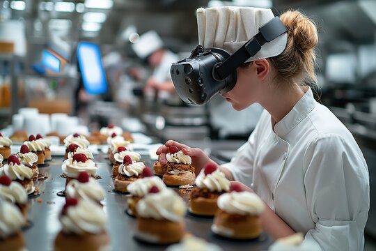 Chefs exploring flavors in virtual reality while preparing desserts in a modern kitchen