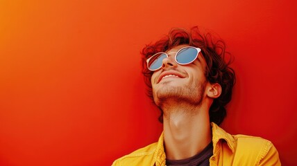 Young man smiling, wearing sunglasses, vibrant orange background