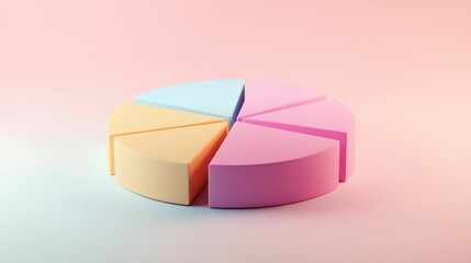 Obraz premium A creative 3D pie chart in pastel colors, each segment slightly tilted for emphasis, set against a soft gradient background, representing data visualization in a minimalistic design
