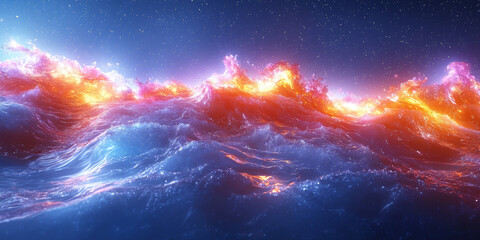 Fototapeta premium Abstract fiery waves with a starry sky background.
