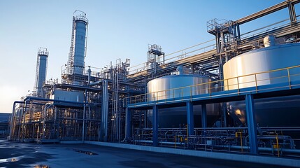 Exterior shot of a wastewater treatment plant, with large tanks and complex piping systems against a clear sky