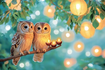 Obraz premium Wise owls perched on tree branches, gently holding glowing diyas in their claws The serene night sky and lanterns create a calm yet festive Diwali atmosphere