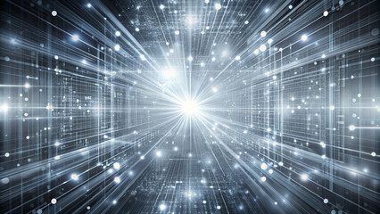 A stunning abstract gray digital light background, showcasing burst of energy with radiant beams and glowing particles. This captivating image evokes sense of depth and motion