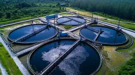 Sedimentation tanks with rotating arms and skimmers, capturing sludge and treating large volumes of wastewater