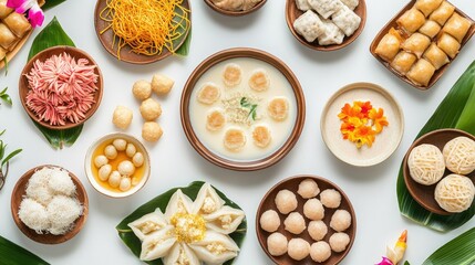 A creative flat lay of assorted Thai desserts, including tub tim grob (water chestnuts in coconut milk) and golden threads, arranged on a white background for a colorful display.