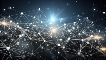 A captivating 3D abstract polygonal space featuring network of interconnected lines and nodes, set against dark background with bright stars. composition evokes sense of depth and complexity