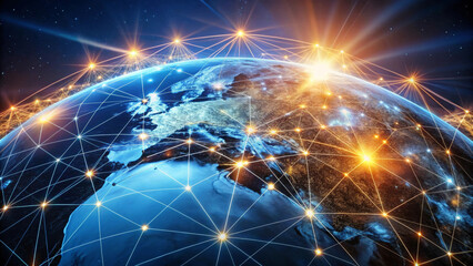 Fototapeta premium image showcases stunning view of Earth from space, highlighting global network of connections with bright lights representing data flow and communication