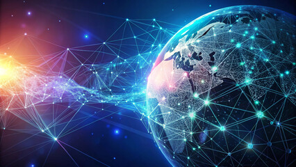 A three dimensional abstract background featuring planet with interconnected lines and glowing elements, symbolizing technology and connectivity