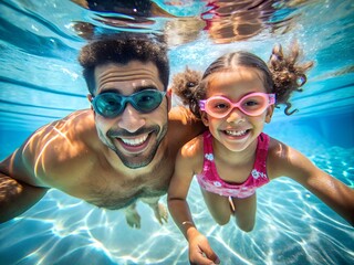 parent and child in the pool swim underwater